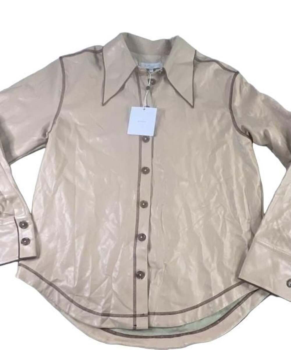 L'Academie Vegan Leather Shirt Size M Beige Long Sleeve Button Up